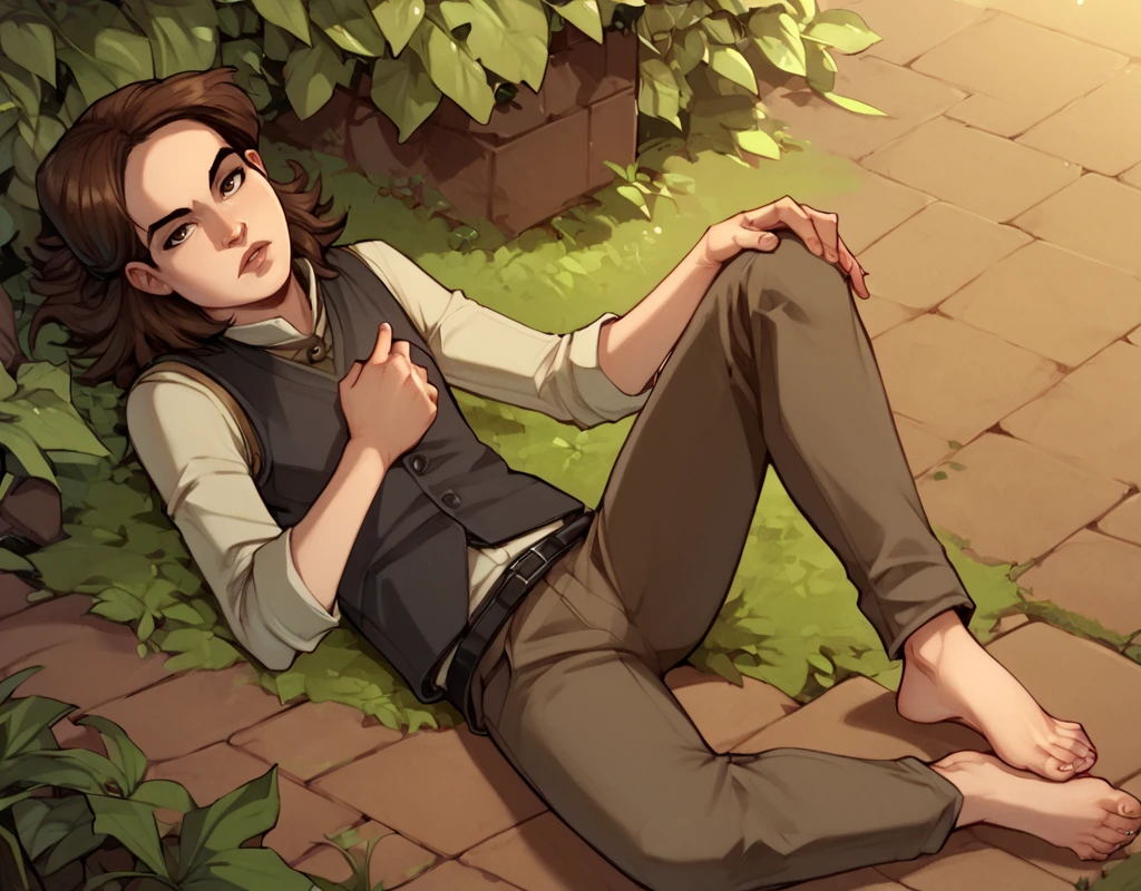 score_9, score_8_up, score_7_up, score_6_up, Arya-Stark, GoT-GraphicNovel, 1girl, solo, shirt, brown hair, brown eyes, outdoors, pants, vest, leaf, barefoot, brick wall, sensitive, lying wolf, <lora:Arya_Stark_Graphic_Novel_Edition:1>