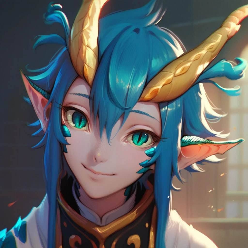 score_9, score_8_up, score_7_up, score_6_up, Skadi-Dragenfelt, Dragonoid, 1girl, solo, looking at viewer, smile, blue hair, horns, pointy ears, portrait, sensitive