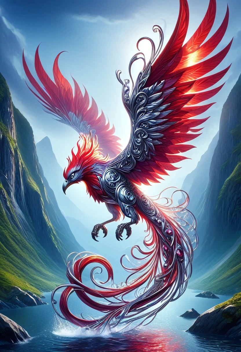 a phoenix, red color and silver wire, flying through a fjord