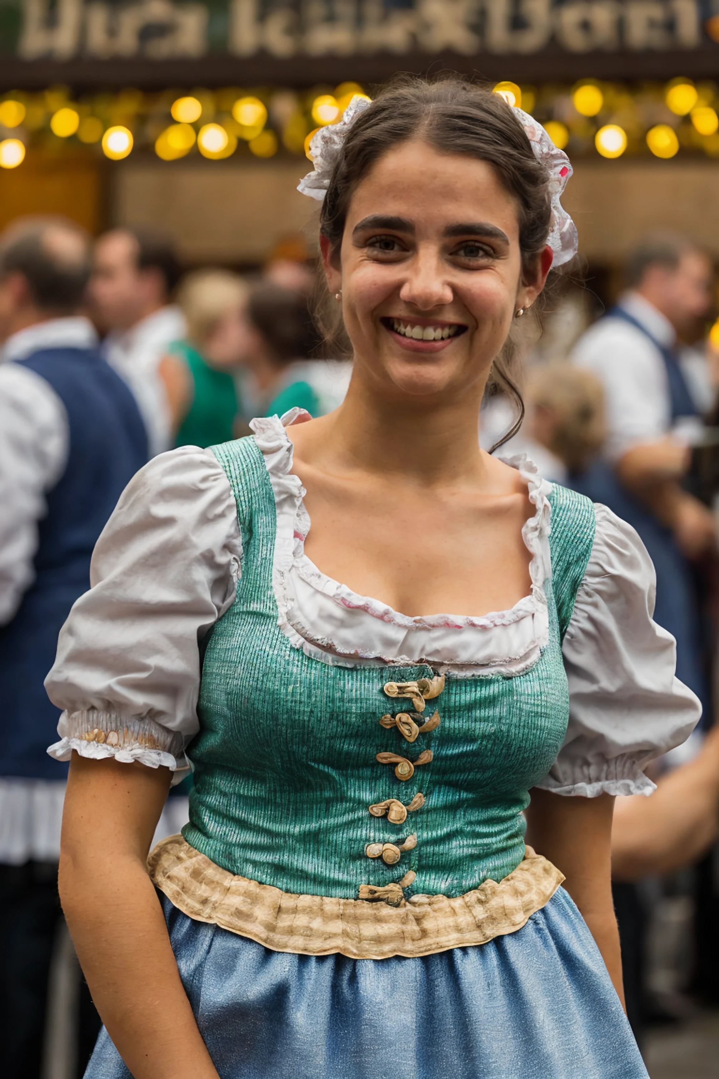 1girl, a woman in a traditional German dress, (wearing dirndl), smile, teeth, motion blur, ((Oktoberfest)), (depth of field), detailed face, (photorealistic, absurdres, best quality, masterpiece:1.4), (high detailed skin:1.3)
 <lora:gv95_au_lora_v01:1> gv95