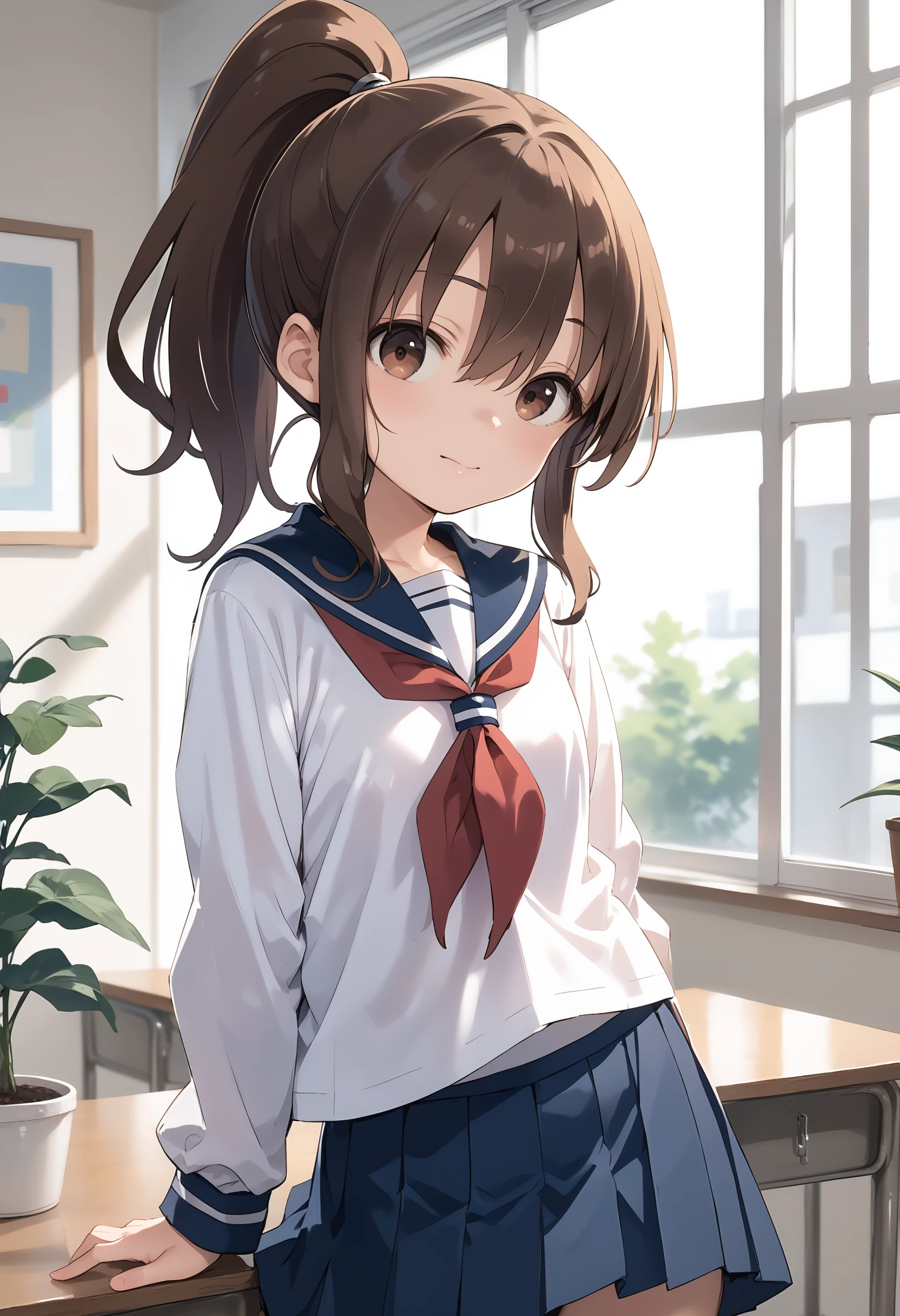 score_9,score_8_up,score_7_up,real,1girl,<lora:Takagawa-Sumire_v1:0.8> ,Takagawa Sumire,high ponytail,brown hair,sidelocks,brown eyes,bangs,eyebrows visible through hair,hair between eyes,closed mouth,|| school_uniform,blue sailor,red_neckerchief,white_shirt,long_sleeves,