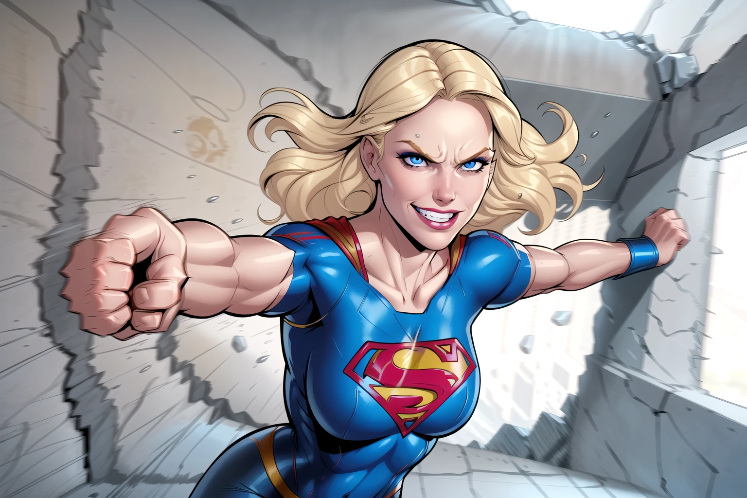 adult supergirl, blonde hair, detailed pale blue eyes, bursting through a concrete wall, climbing looking through hole in wall, towards camera, angry, [confident|evil] grin, punching fist, smeared makeup, detailed sexy body, foreshortening perspective, dynamic action shot, speed lines, (blurred fast hands fists:1), short sleeves, comic book style, flat colors