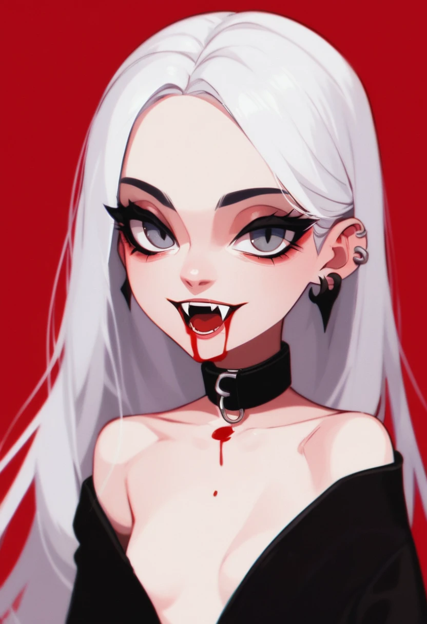 score_9, score_8_up, score_7_up, score_6_up, HRMN, a girl with long white hair and a black outfit with a collar, raised head, tail, ear piercing, Open mouth, fangs, Blood from the mouth, long eyelashes, middle chest, contour lighting, red eye shadow, grey eyes, side view, looking at viewer, small breasts, red background, simple background