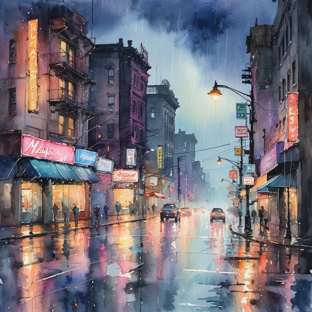 masterpiece, best quality,  <lora:add-detail-xl:1> <lora:ArsMJStyle_-_Watercolor_SD_1.5_Pony:0.8> ArsMJStyle, Watercolor A moody cityscape at twilight, with rain-slicked streets reflecting the glow of street lamps and neon signs.