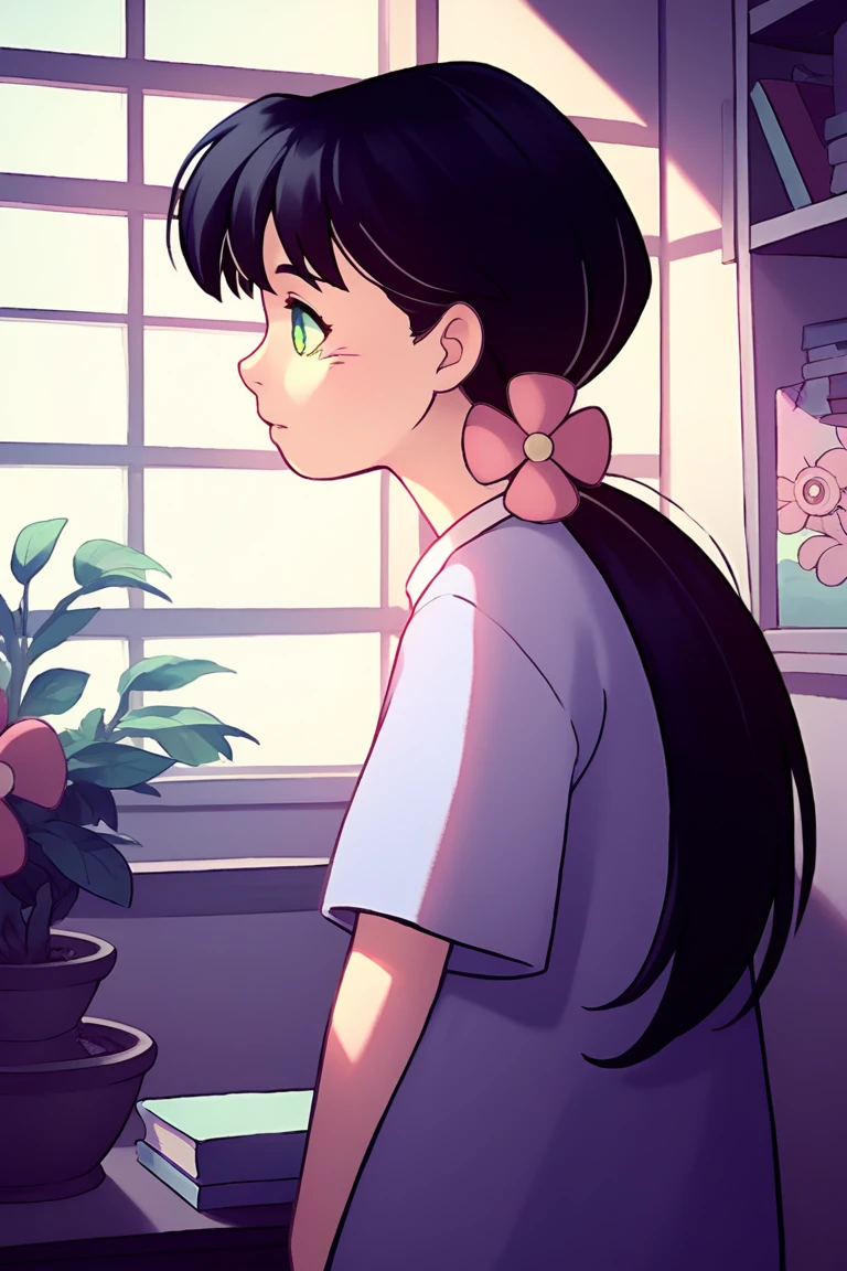 score_9, score_8_up, score_7_up, source_anime, andrea_sussman, black hair, green eyes, hair ornament, hair flower, long hair, ponytail, 1girl, indoors, leaning, female focus, BREAK
leaning pose, (emphasis on upper body:1.2), (soft lighting:1.1), (pastel color palette:1.1), (delicate expression:1.0), ( gentle atmosphere:1.0)