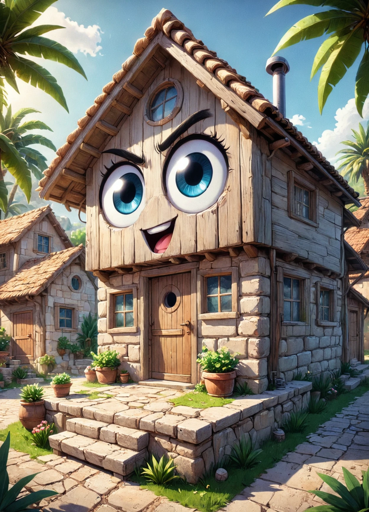 DonMP3rs0n4t3d1t3msXL, village cabin in mediterranean biome with eyes <lora:DonMP3rs0n4t3d1t3msXL:1>