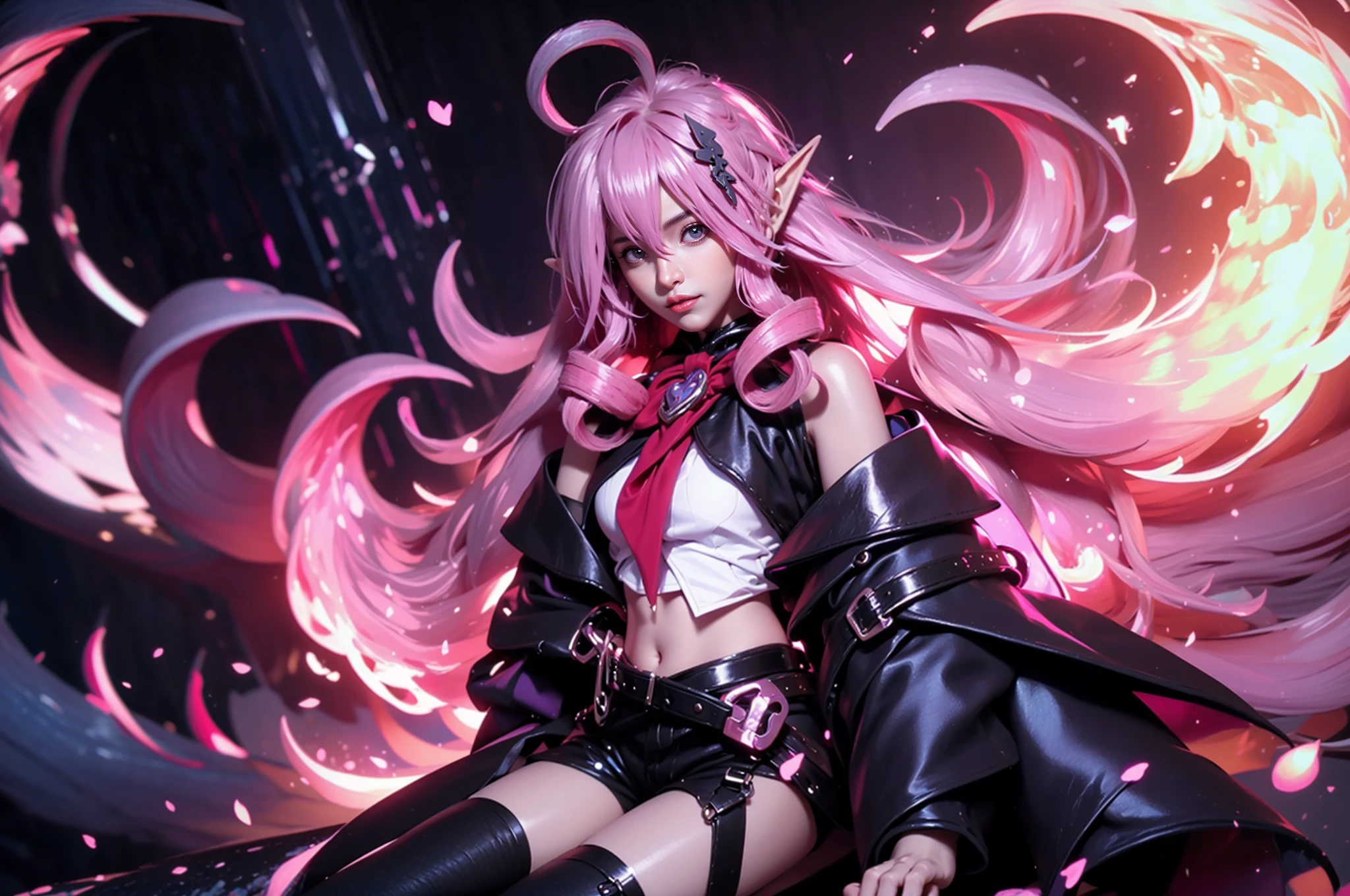 <lora:Keera_AoV_Model_LoRA_V3:0.4>, Keera_AoV, 1girl, solo, long hair, very long hair, bangs, pink hair, ahoge, hair between eyes, jewelry, pointy ears, looking at viewer, purple eyes, parted lips, bare shoulders, jacket, coat, open coat, heart, bow, pink bow, sleeves past wrists, sleeves past fingers, ((long sleeves)), midriff, navel, shorts, belt, black shorts, thighhighs, boots, black footwear, realistic,, best quality, ultra high res, (photorealistic:1.4), masterpiece, real life skin, hyper real