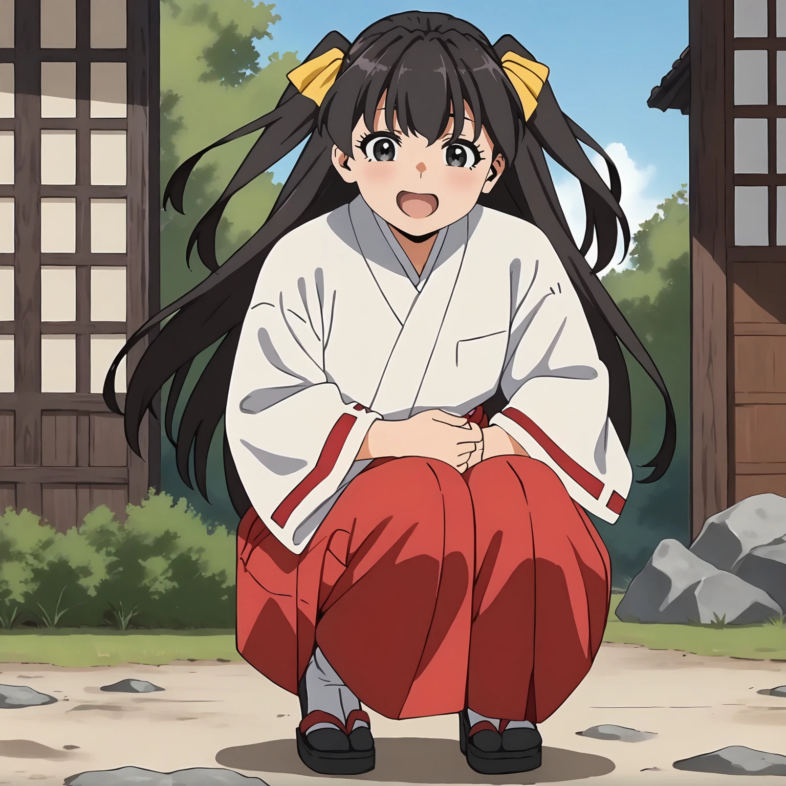 <lora:TES_HikaruXLpony002>,
smile,open mouth,
solo,
Hikaru,1girl,black brown hair,two -side up,hair ribbon,long hair,black eyes,
miko,japanese clothes,ribbon-trimmed sleeves,
red hakama,
zouri,
outdoors,
squatting,