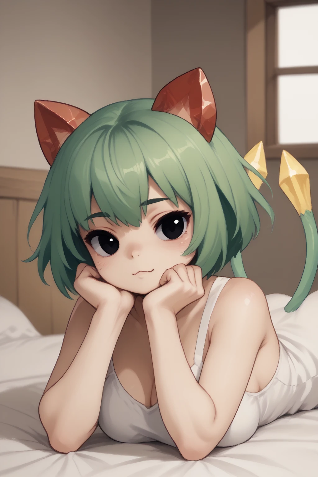 score_9, score_8_up, score_7_up, score_6_up, rating_safe, Tira, 1girl, large breasts, crystal ears, cat ears, green hair, short hair, black eyes, two tails, white dress, on stomach, indoors, on bed,