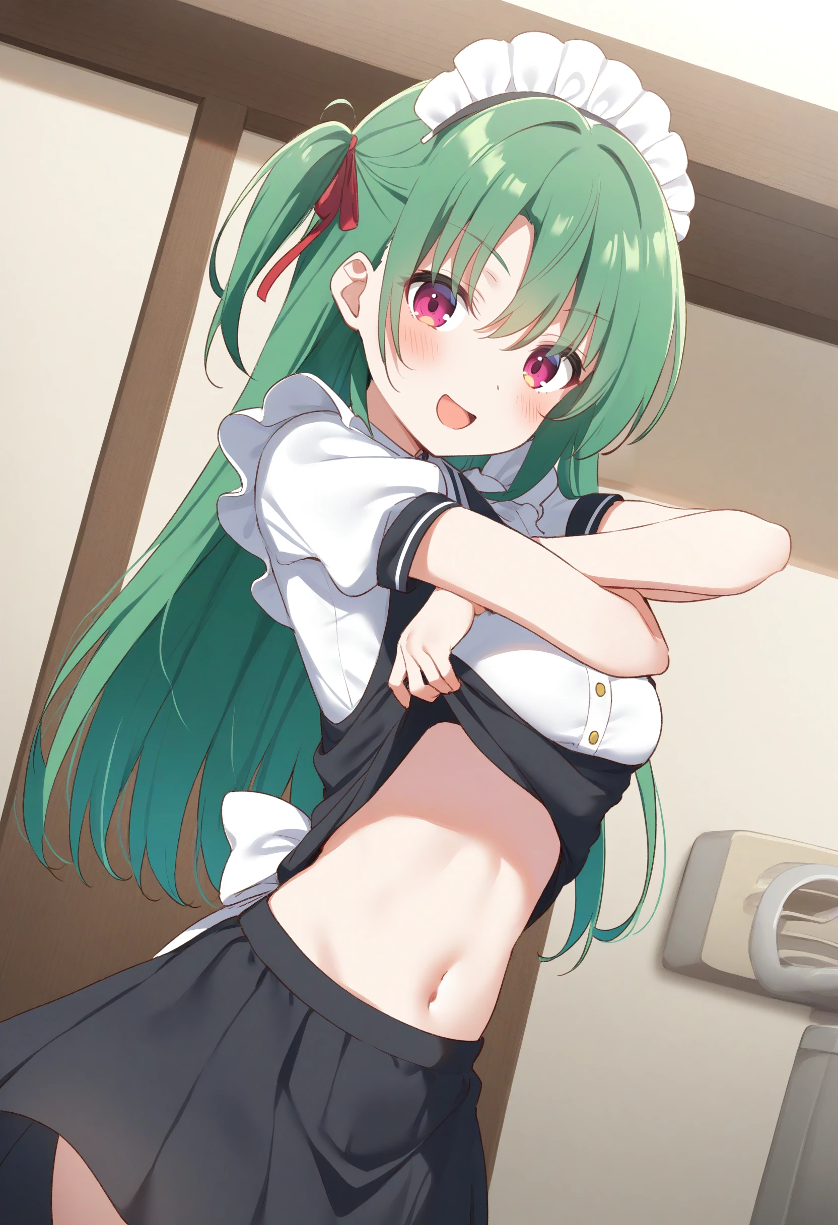 1girl,sincos, ningen mame, toosaka asagi,solo,medium breasts,20yo,maid,maid headdress,
skirt, navel, blush, undressing, shirt lift, clothes lift, lifted by self, crossed arms,
from behind, wide shot, looking down, green hair, pink eyes,smile, zoo, open mouth, one side up hair,,
best quality, very aesthetic, absurdres <lora:undressing_XL_v1:0.8>