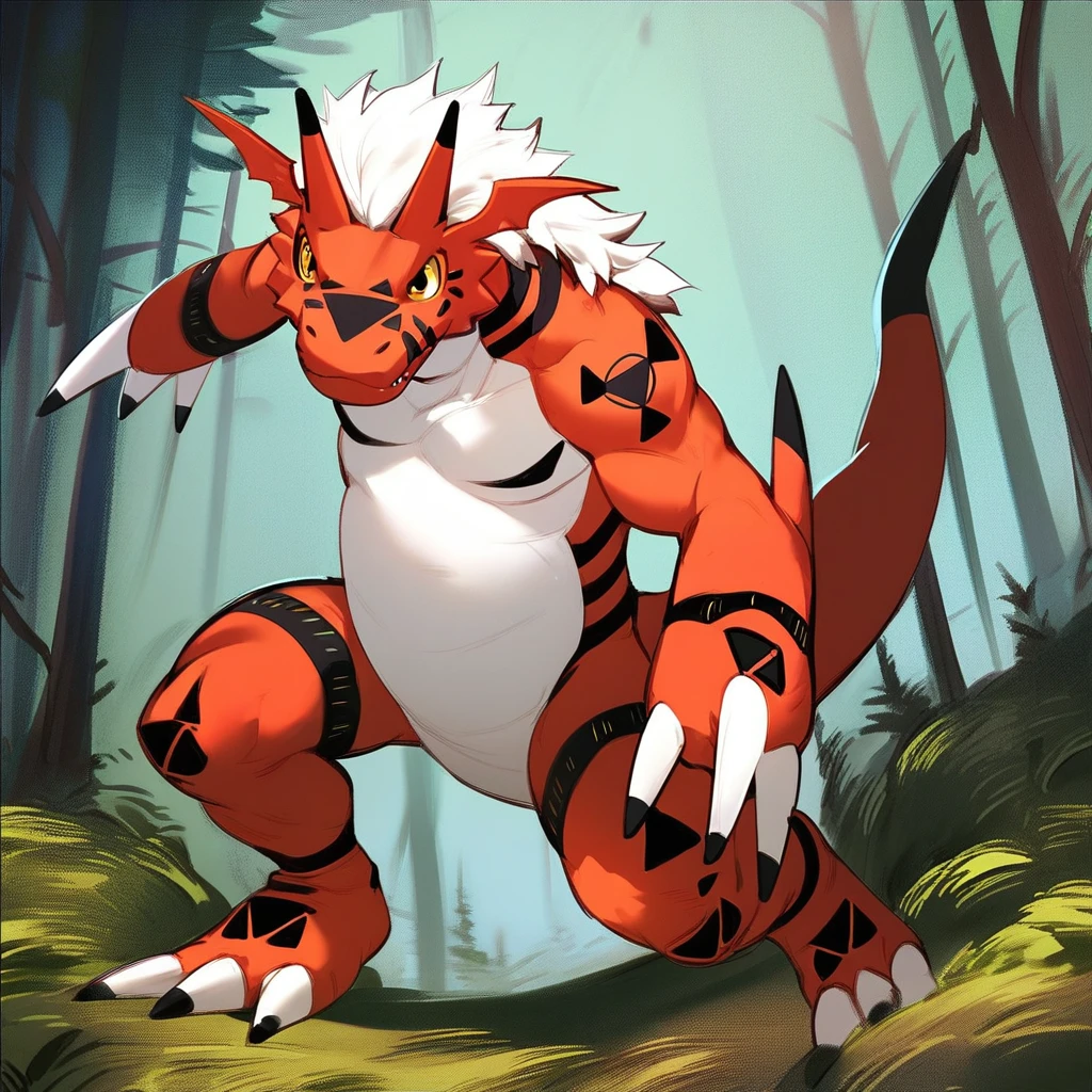 score_9, score_8_up, score_7_up, score_6_up, score_5_up, score_4_up, growlmon, digimon, monster, furry, anthro, red skin, white belly, black markings, white hair, claws, outside, action pose, forest background,