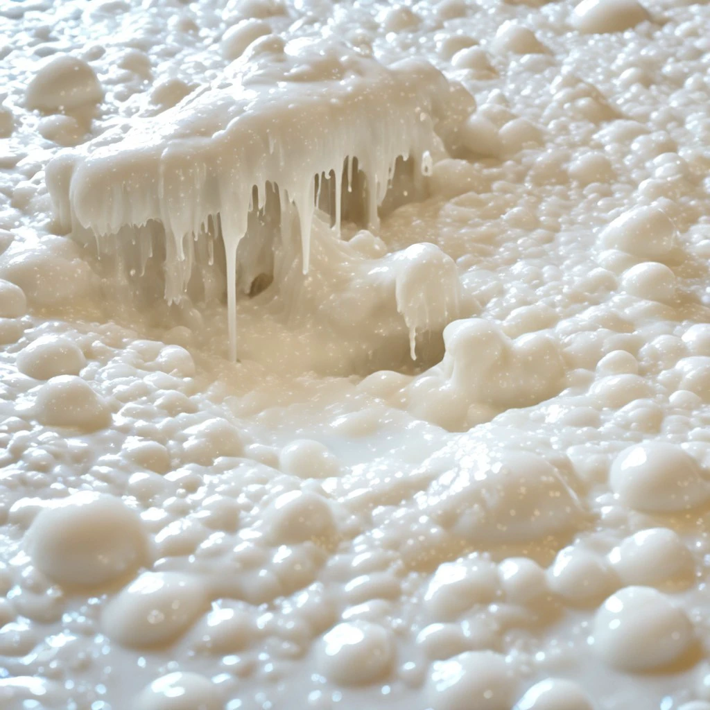 a white puddle filled with white slime, everything is thick white slime, thick white slime bubbles