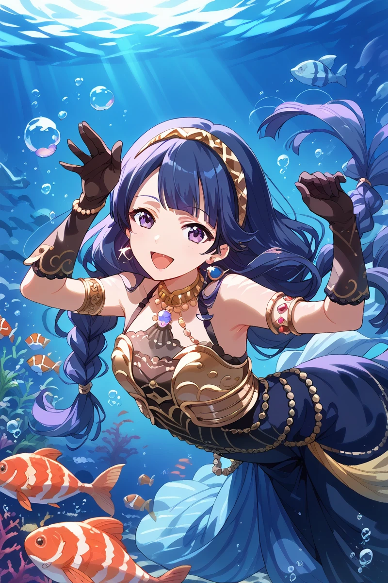 score_9, score_8_up, score_7_up, score_6_up, 1girl,
 <lora:Tamao_Tomoe:0.9> tamao, long hair, fish, earrings, underwater, jewelry, long hair, gloves, solo, purple eyes, armor, smile, armlet, bubble, open mouth, hairband, braids,