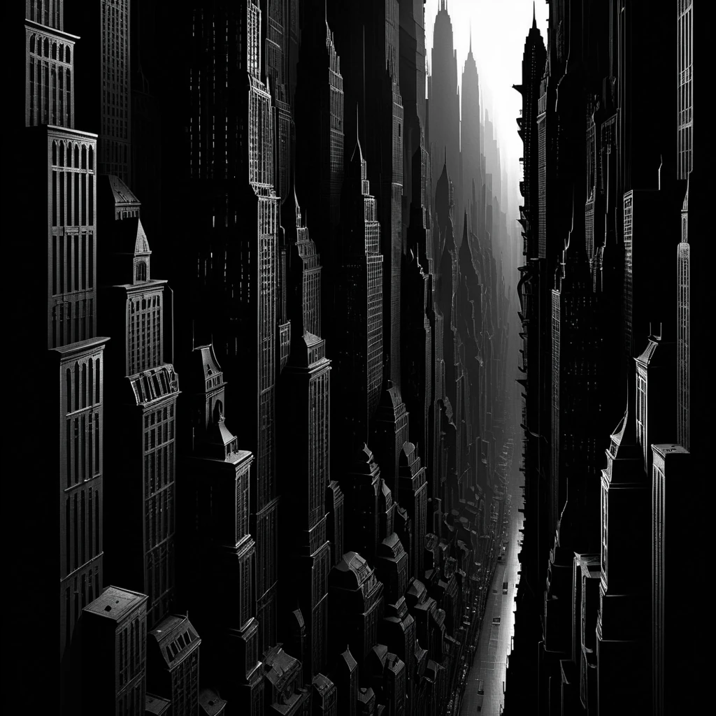 masterpiece, best quality,  <lora:add-detail-xl:1> <lora:ArsMorph_-_World_of_Darkness_SDXL_Pony:0.8> ArsWorldOfDarkness A metropolis built from shadows, skyscrapers formed of dense, layered darkness. Negative space creates the illusion of windows and streets, with residents moving like deeper patches of black.