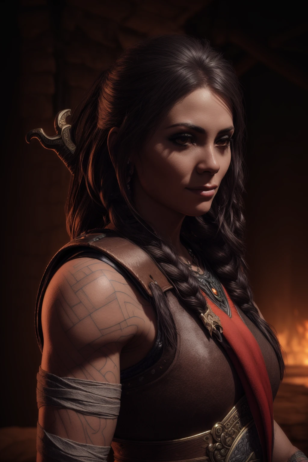 Best_QualityPos, RAW photo, intricate details, best quality, 8k uhd, soft lighting, 1girl, solo, gowfreya, bandages, bandaged arm, brown eyes, long hair, black hair, braid, tattoo, arm tattoo, sleeveless, (armor, single pauldron:1.2), <lora:gowfreya:0.6> <lora:mouth_slider_v1:-3>