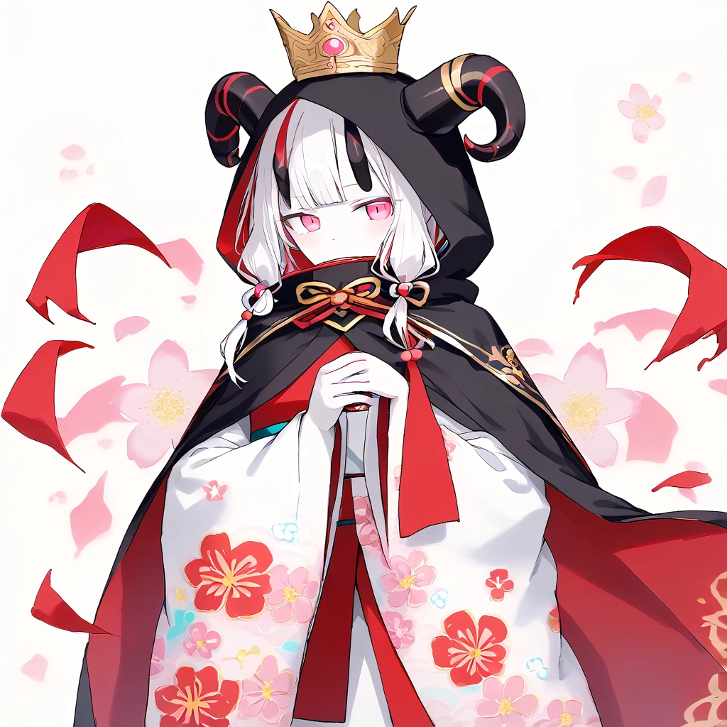 solo
 <lora:Mahoex-10:1>  mahoex, white skin, colored skin, pink eyes, cape, crown, horns, cloak, red cape, black hood
white hair, streaked red hair 
 <lora:furisode_Pony_V1.0:0.8>  jyojifuku, furisode, kimono, hair ornament, floral print, wide sleeves