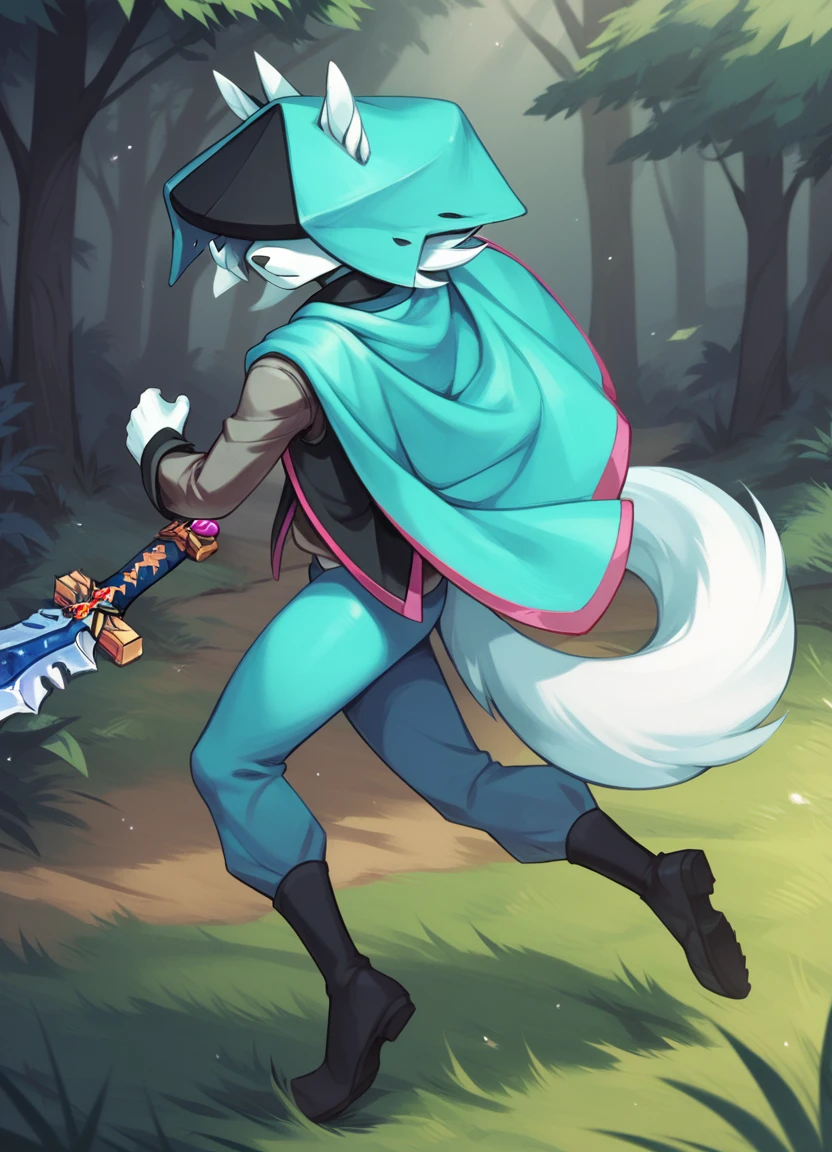 score_9, score_8_up, score_7_up, score_6_up, (du57aet, anthro, tail), ((male focus, 1boy, solo)), male, side view, hat over eyes, hat, cape, vest, pants, boots, sword, ((running)), forest background <lora:Dust_Elysian_Tail_for_Pony:0.9>