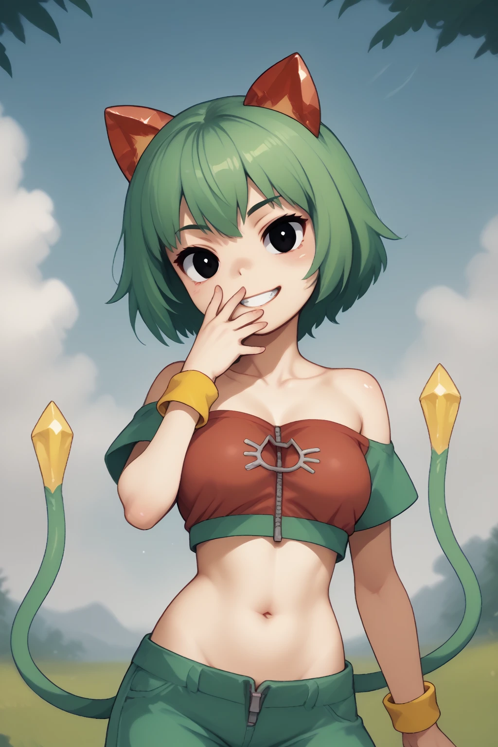 score_9, score_8_up, score_7_up, score_6_up, Tira, 1girl, breasts, crystal ears, cat ears, green hair, short hair, black eyes, two tails, yellow wristband, bare_shoulders, collarbone, strapless, red shirt, crop top, cat zipper, short sleeves, midriff, navel, green shorts, grin, hand_up, outdoors, blue sky,