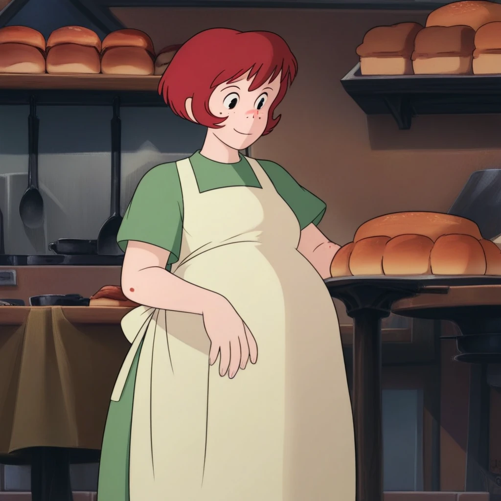 score_9, solo, Osono, red hair, freckles, short hair, apron, dress, restaurant