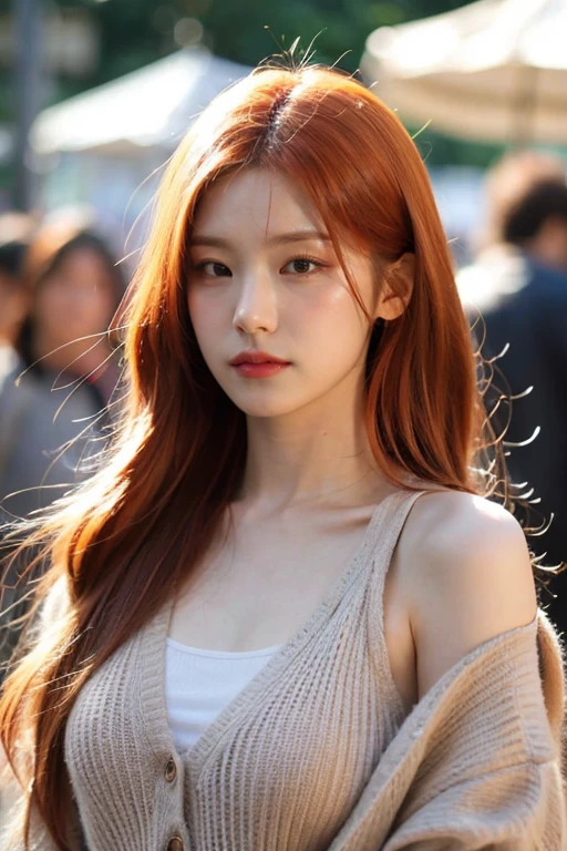 masterpiece, best quality, ultra-detailed, ultra high res, (photorealistic:1.4), raw photo, (realistic:0.2), 8k HDR, realistic cool temperature lighting, 1girl, solo, asymmetrical orange hair, outdoor, (traditional market:1.2), bokeh, (detailed lips), (detailed pores), (detailed skin textures), (detailed face:1.2), (upper body:1.3), a woman in a cardigans, promotional image, a character portrait,