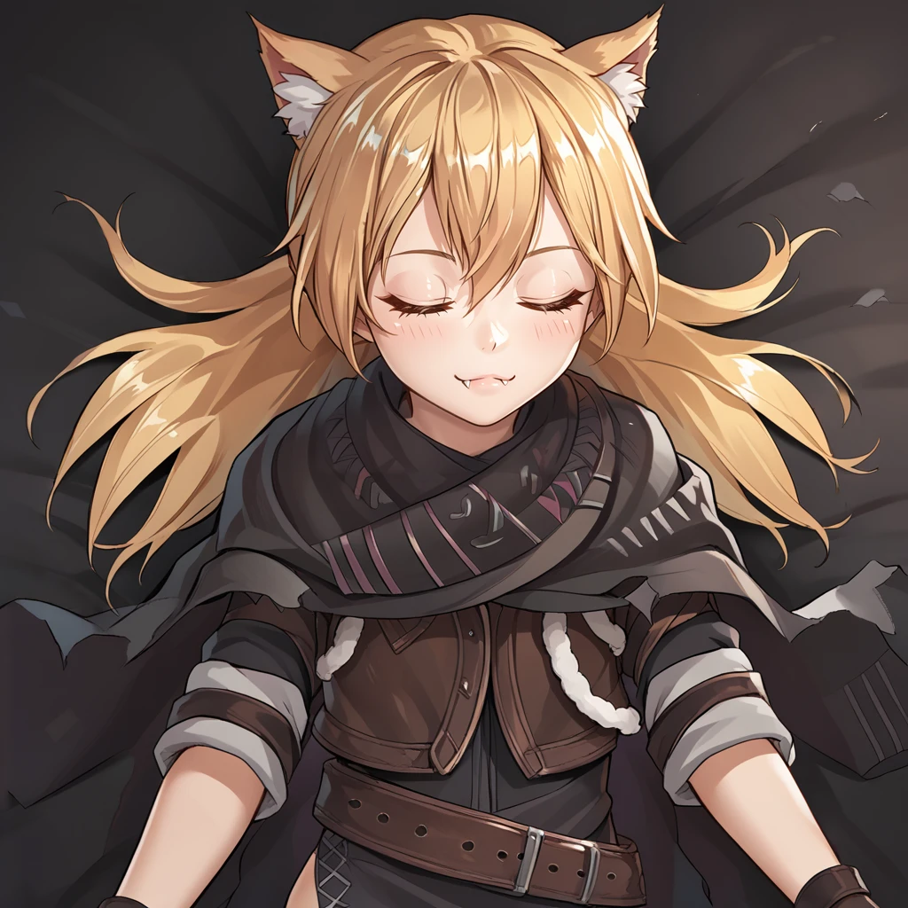 <lora:IDW (4):1>,1girl,solo,idw \(girls' frontline\),idw \(cloak and cat ears\),blonde hair,hair between eyes,long hair,cat ears,animal ear fluff,fangs,cat tail,black undershirt,fur vest,fingerless gloves,black cloak,torn cloak,burnt cloak,belt accessory,
cowboy shot,from above,sleeping,on bed,black bed,pink pillows, fetal position,, score_9, score_8_up, score_7_up, perfect anatomy, source_anime, zPDXLxxx,