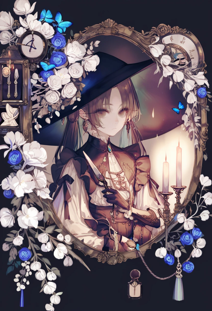 score_9, score_8_up, score_7_up, score_6_up, <lora:yoggiXL_P6_lokr_V43P1:0.95> 1girl, candle, flower, solo, bug, jewelry, hat, butterfly, long hair, picture frame, earrings, black headwear, gloves, white flower, long sleeves, looking at viewer, blue butterfly, fork, black background, upper body, candlestand, blue flower, tassel, branch, black gloves, clock, twintails, closed mouth, knife, watch, gem, brown eyes, expressionless, frills, parted bangs, dress, fire, black hair, brown hair, shirt, mirror