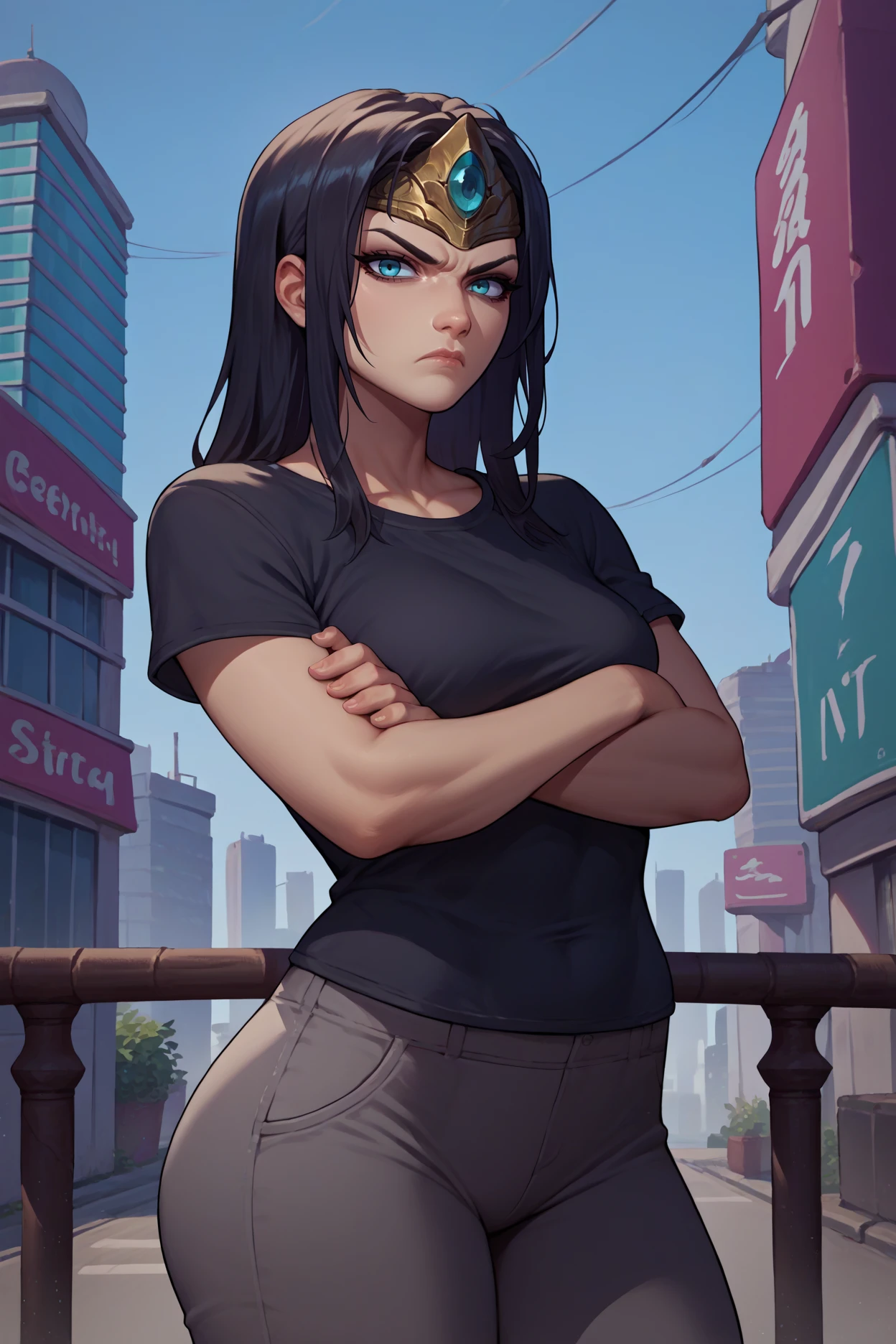 score_9, score_8_up, score_7_up, score_6_up, source_anime, 1girl, solo,  <lora:sivir-pdxl-nvwls-v1-000005:1> defSivir, black hair, circlet, black t-shirt, grey pants, looking at you, medium breasts, crossed arms, annoyed, city