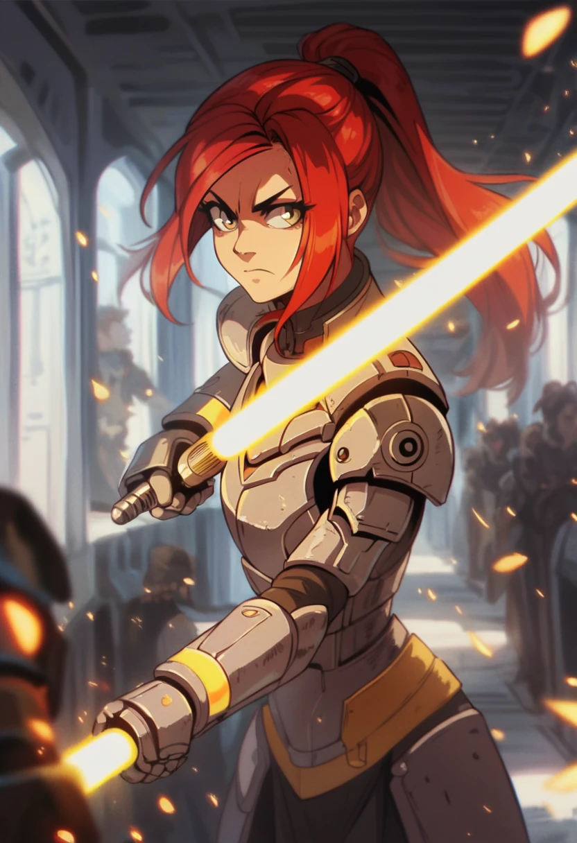 score_9, score_8_up, score_7_up, score_6_up, HRMN, 1girl, red hair, ponytail, yellow lightsaber, fighting pose, armored suit, serious expression, sparks, sci-fi setting, futuristic corridor, action scene, detailed, shaded, dynamic lighting