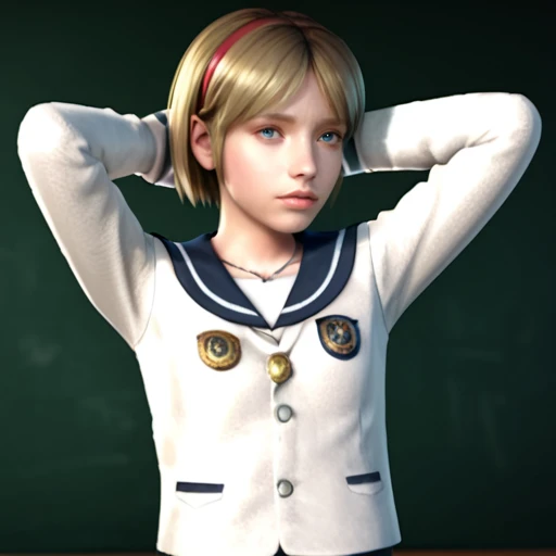 score_9, score_8_up, score_7_up, score_6_up, Sherry-Birkin, 1girl solo, short hair, blue eyes, school background, blonde hair, upper body, school uniform, shorts, hairband, serafuku, sailor collar, necklace, lips, blue sailor collar, arms behind head, red hairband, fake screenshot, sensitive <lora:RE_Sherry_Birkin_Classic:1>