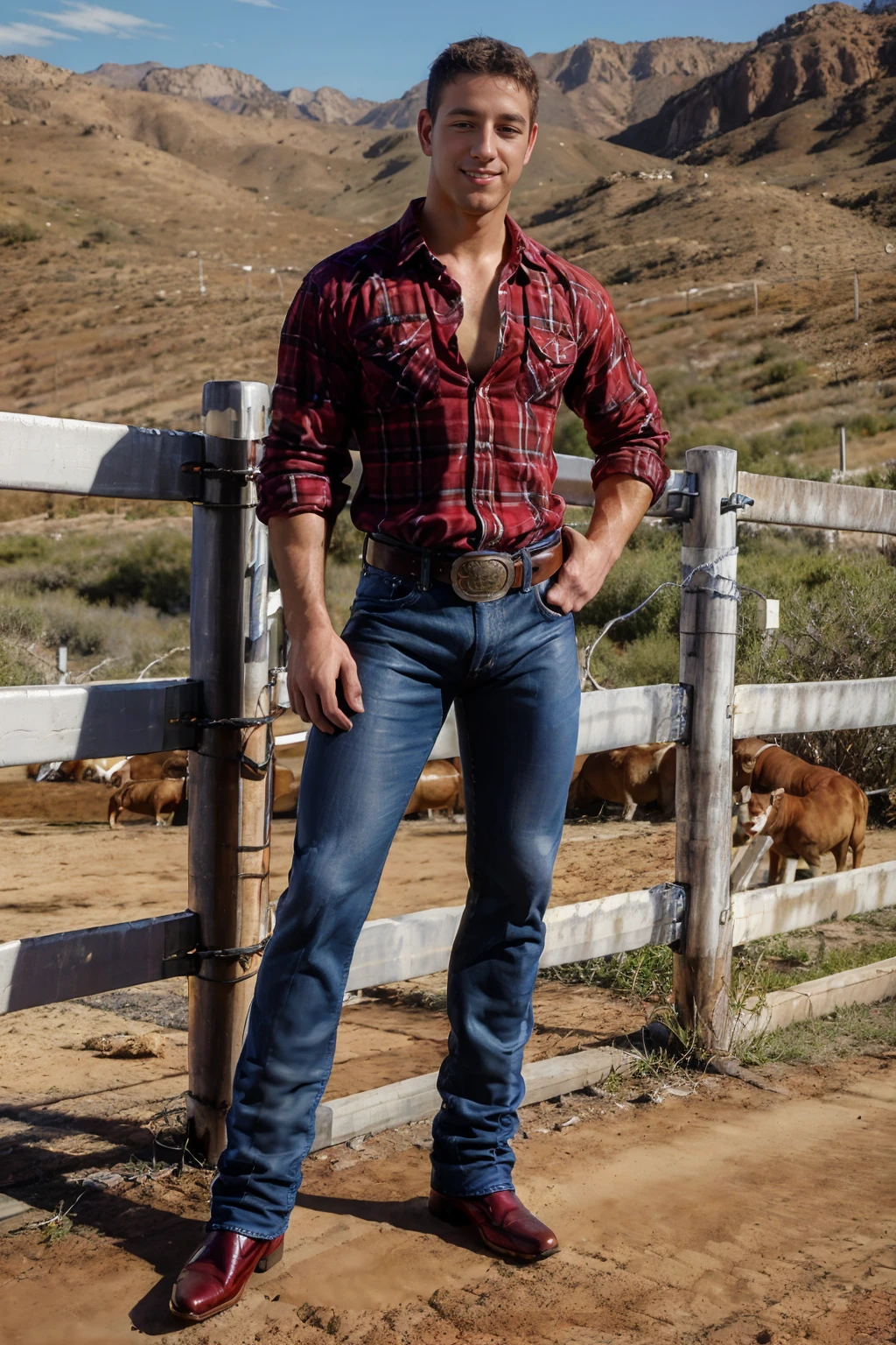 corral, standing by a corral fence,  CFHayden, slight smile, sexycowboy, (red plaid shirt), denim blue jeans, belt, (shiny belt buckle), (((full body portrait))), wide angle  <lora:Clothing - Sexy Cowboy:0.65>  <lora:CFHayden:0.8>