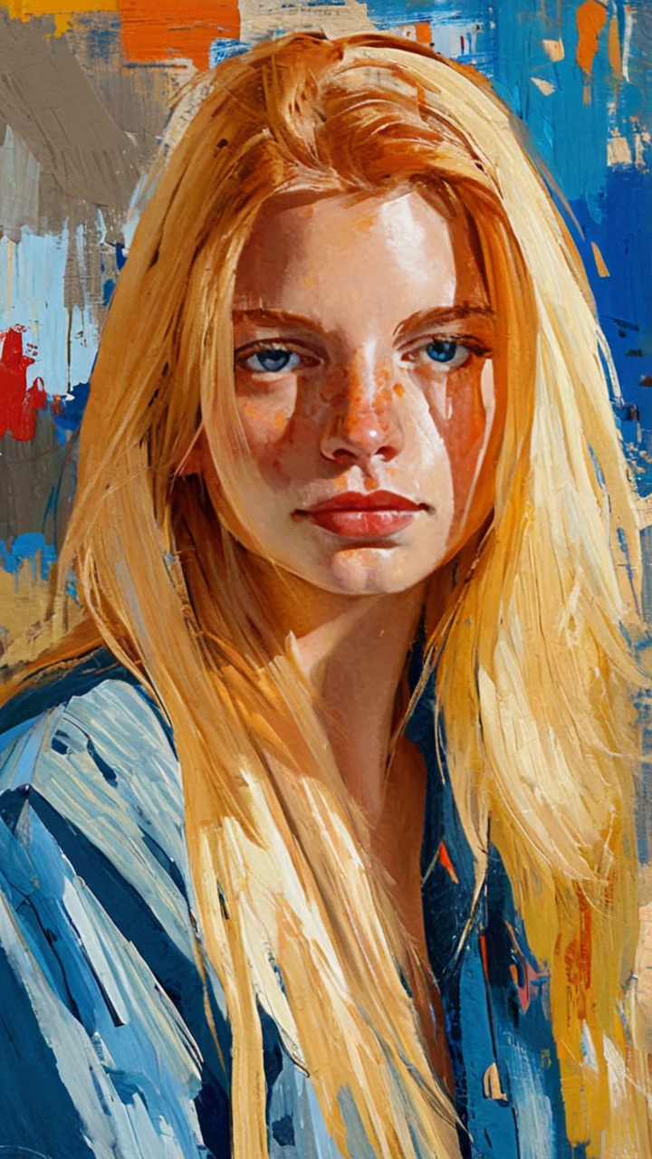 portrait of *realgirlcharacterlora*, 1girl, painting by xDElysium, blonde hair, medium long hair, blue eyes, freckles, looking at viewer, painterly style, expressionism, strokes rough, brushstrokes visible, rawness, viscerality, color pallete vivid, hand-painted backgrounds, oil painting, high contrast, dramatic lighting 