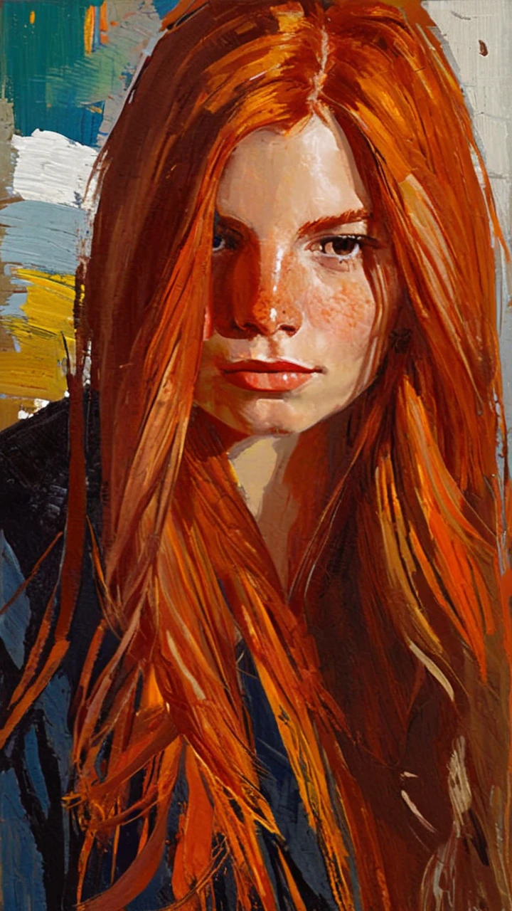 portrait of *realgirlcharacterlora*, 1girl, painting by xDElysium, long hair, freckles, looking at viewer, painterly style, expressionism, strokes rough, brushstrokes visible, rawness, viscerality, color pallete vivid, hand-painted backgrounds, oil painting, high contrast, dramatic lighting 