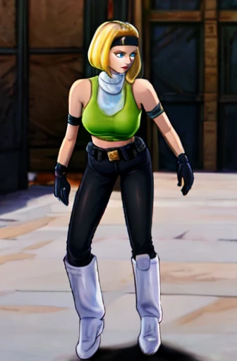 <lora:sonyaspf-06:1> blonde hair, black pants, white boots, green top, black gloves, black headband, blue eyes, belt, white turtleneck, armband, midriff