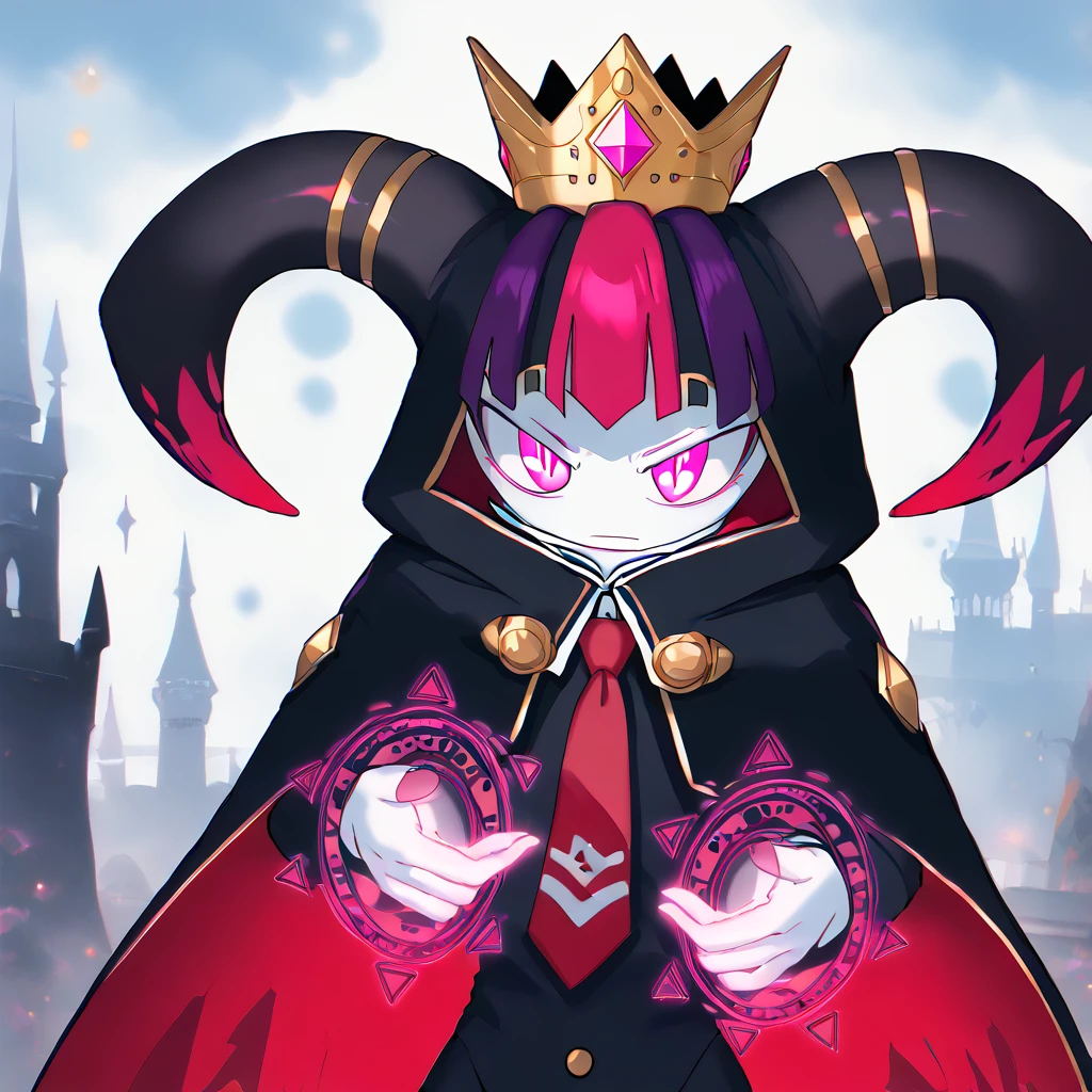 solo
 <lora:Mahoex-10:1>  mahoex, white skin, colored skin, pink eyes, cape, crown, horns, cloak, red cape, black hood
 <lora:bible_black_uniform_xl_v3:0.8> school uniform, white shirt, black vest, black thighhighs, red skirt, red necktie
white hair, streaked red hair