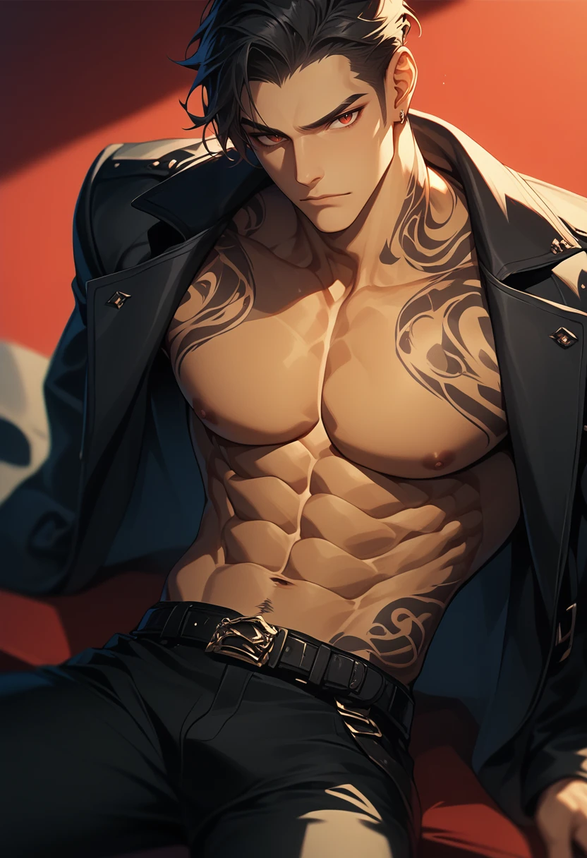 (score_9, score_8_up), score_7_up, 1boy, jewelry, closed mouth, nipples, jacket, sitting, male focus, open clothes, belt, pants, coat, black jacket, tattoo, black pants, abs, pectorals, black coat, snake, bare pectorals, blurry background, depth of field, red theme, simple background, red background, from above, looking at viewer, cinematic lighting,
<lora:luv-000008:0.9>