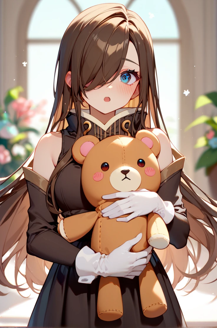 score_9, score_8_up, score_7_up, source_anime, 
indoor, blurry background,
cowboy shot, close up, holding stuffed animal, looking at viewer, open mouth, blush, embarassed,
<lora:tear_autismConfetti_v02:1> tearBase, brown hair, long hair, sidelocks, blue eyes,  hair over one eye,
sleeveless black brown dress, brown detached sleeves, white gloves,  high collar,, zPDXL