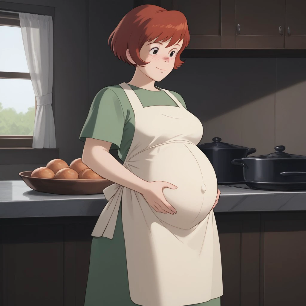 score_9, score_8_up, score_7_up, BREAK, solo, Osono, red hair, freckles, short hair, apron, dress, pregnant