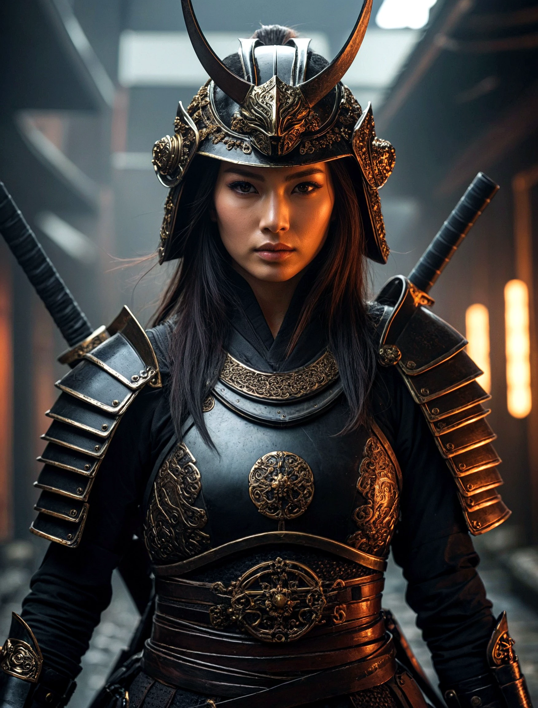 Create an image of a futuristic female samurai warrior. She should be wearing advanced, dark armor with a helmet that partially obscures her face, showing her intense eyes. The armor should have glowing (orange:0.1) accents, especially on the shoulder pads and gauntlets. She holds a black katana sword  The setting should be dimly lit with a dramatic, atmospheric background that enhances the warrior's imposing presence. The overall mood of the image should be intense and powerful. <lora:- SDXL - vntblk_vanta_shapes_V1.0:0.66>