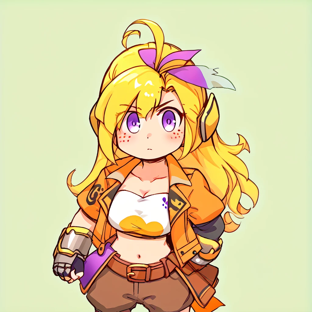 <lora:beco:1.5> 
 <lora:sdxl-rwby-yang-pony:0.8> rwby_yang, blonde hair, long hair, ahoge, wavy hair, bangs, hair between eyes, purple eyes, freckles, cleavage, collarbone, navel, stomach, prosthesis arm , large breasts, puffy short sleeves jacket, dark brown jacket, open jacket, light orange tube top, strapless, brown miniskirt, overskirt, brown shorts, asymmetrical legwear, single thighhigh knee boots, brown footwear, cowboy boots, brown fingerless gloves, orange scarf, vambraces, brown belt, belt buckle, waist cape