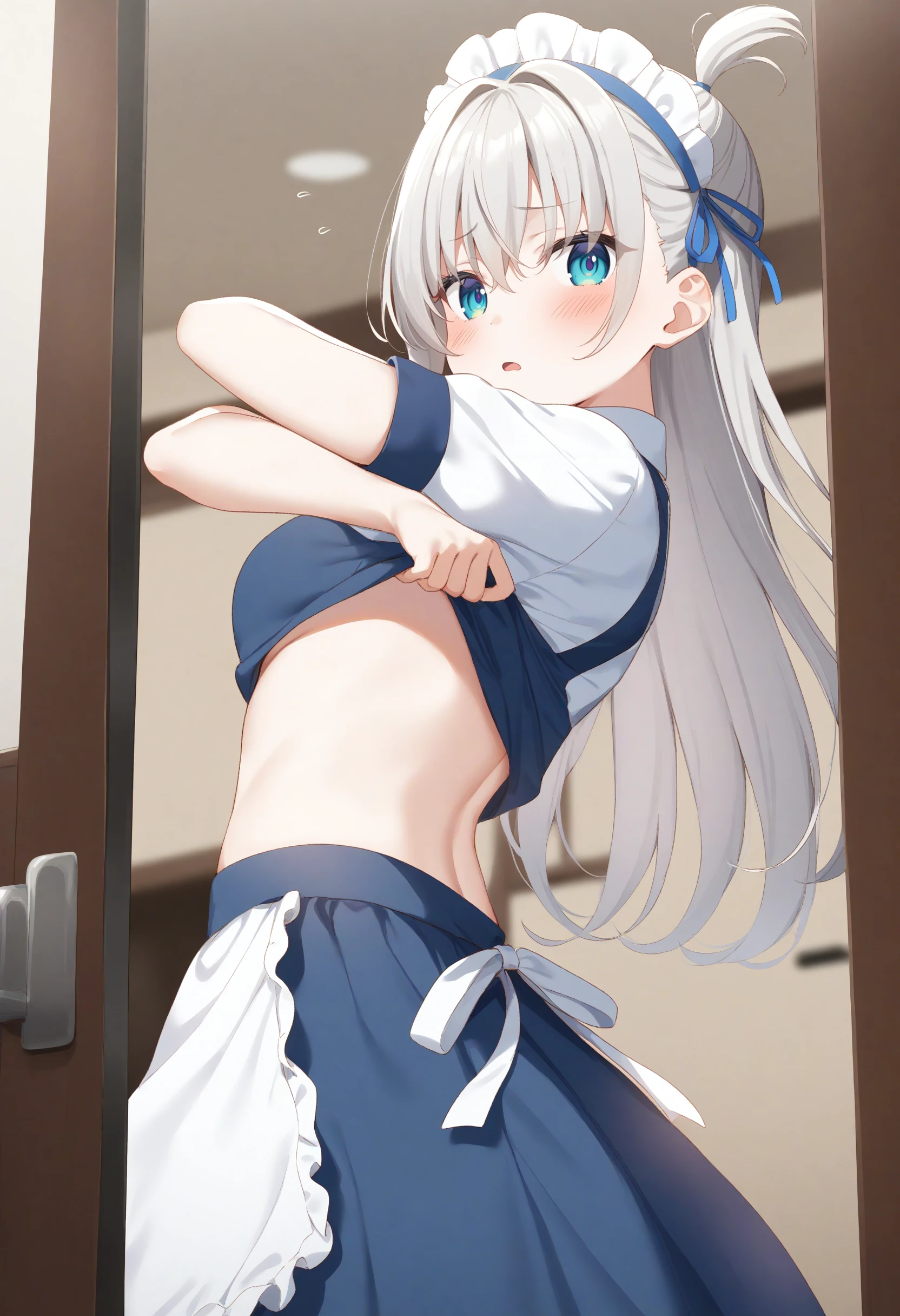 1girl,sincos, ningen mame, toosaka asagi,solo,medium breasts,20yo,maid,maid headdress,
skirt, navel, blush, undressing, shirt lift, clothes lift, lifted by self, crossed arms,
from behind, panorama shot, looking to the side, white hair, blue eyes,disappointed, on train, open mouth, topknot hair,,
best quality, very aesthetic, absurdres <lora:undressing_XL_v1:0.8>