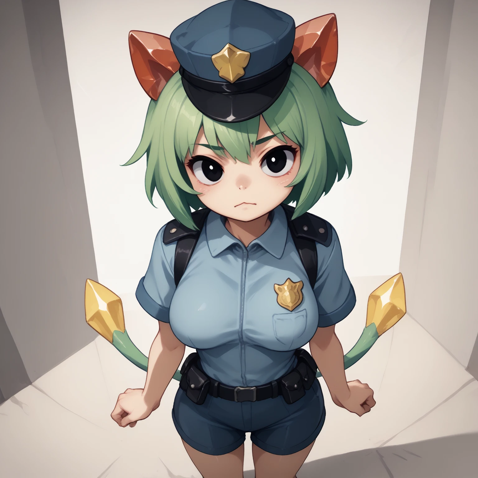 score_9, score_8_up, score_7_up, score_6_up, Tira, 1girl, breasts, crystal ears, cat ears, green hair, short hair, black eyes, two tails, police_uniform, police_hat, from above,