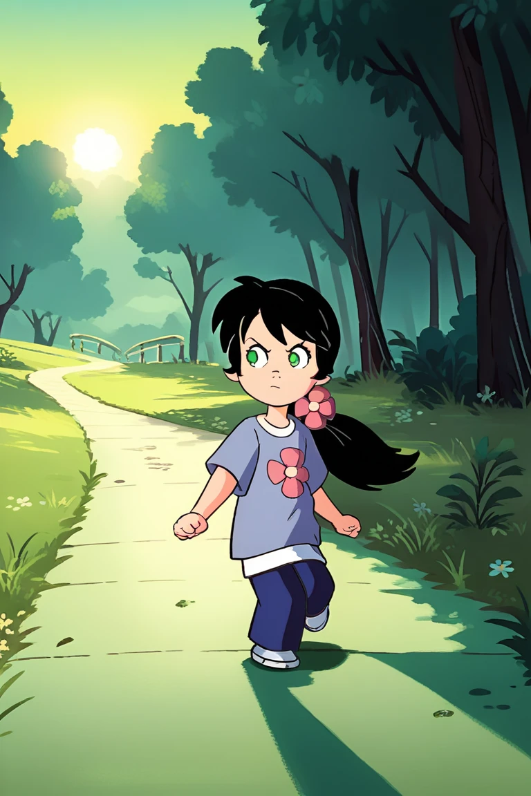 score_9, score_8_up, score_7_up, source_anime, andrea_sussman, black hair, green eyes, hair ornament, hair flower, long hair, ponytail, 1girl, outdoors, walking, female focus, BREAK
action pose, (emphasis on movement:1.3), (dynamic lighting:1.2), (cool color palette:1.1), (confident expression:1.0), (natural background:1.0)