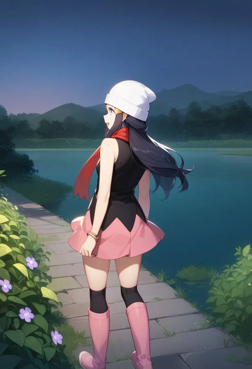 masterpiece,best quality,very aesthetic,absurdres,
1girl, Dawn (/pokemon)/, (ultra HD quality details), black hair, (blue eyes), beautiful face, sidelocks, long hair, jewelry, hat, white headwear, beanie, bracelet, shirt, sleeveless shirt, black shirt, bare shoulders, sleeveless, skirt, miniskirt, pink skirt, socks, black socks, boots, pink boots, knee high boots, red scarf, scarf, 
,highres, :d, bag, 
she standing on road, watching background, looking away,
detailed background,( Calm spring night landscape), amongst lush greenery, beautiful view, creeping phlox in full bloom, creeping phlox, early morning, sunrise sky, beautiful clouds, dappled sunlight, outdoor seating, one lamp, Tranquil Lake, Boat on a Lake, depth of field, masterpiece, best quality, ultra-detailed, very aesthetic, illustration, perfect composition, intricate details, absurdres, moody lighting, wisps of light, no humans,