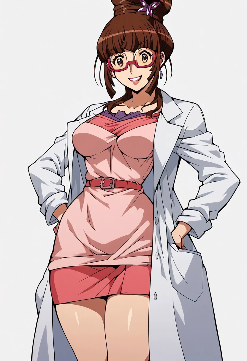 score_9, score_8_up, score_7_up, score_6_up, score_5_up, score_4_up, masterpiece, anime_lineart anime coloring, solo, big thighs, thin waist, medium breasts, White background, Ryoko_Sakurai, Brown hair, glasses, Dress, lab coat, smile, glasses