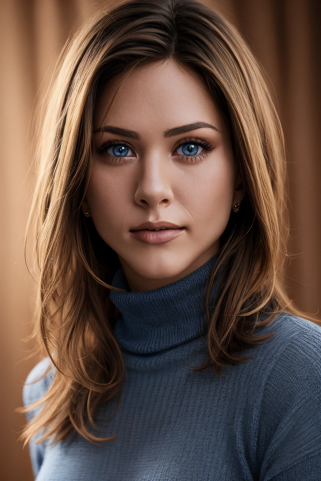 mndngwmn, (blue eyes:0.3),turtleneck sweater, , (ultra realistic, 8k,high quality), natural lighting, (wearing makeup:1.1),