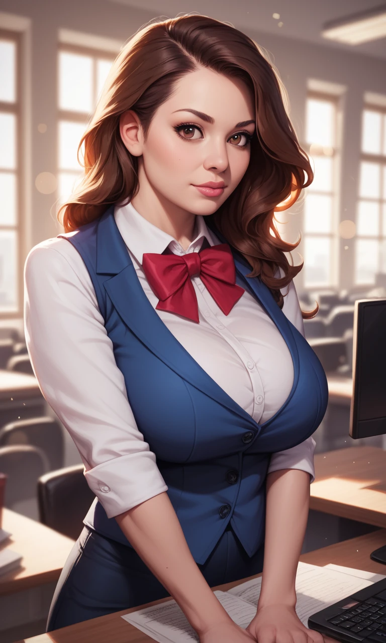 masterpiece, best quality, 8k, intricate detail, highly detailed, (most beautiful woman on earth, detailed face and eyes:1.5), detailed background, very slender, statuesque goddess, 1girl, eight pack abs, long torso, tiny waist, obliques, solo, very pale fair white skin, long flowing dark brown hair, blue eyes, looking at viewer, facing camera, (face extremely close to camera, cleavage, downblouse:1.5), huge breasts, shredded muscle, toned physique, confident smile, real hands, (wide hips, massive perky ass, thick muscular legs:1.4), broad shoulders, flexing biceps and legs, exaggerated hourglass physique, SlightMuscle, (European woman, lawyer in courtroom, mini pencil skirt, formal shirt, seductive smile, flirting with judge, from above, hands behind back:1.2)