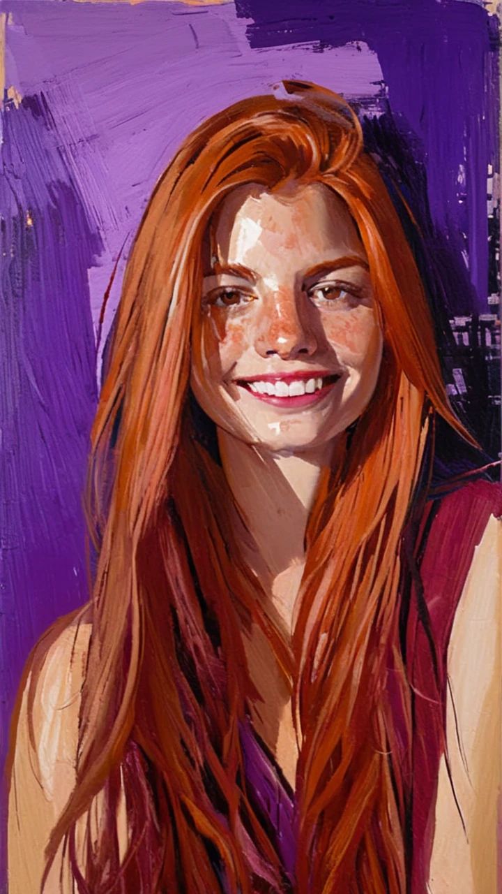 portrait of *realgirlcharacterlora*, 1girl, painting by xDElysium, smiling, long hair, lopsided smiling, freckles, looking at viewer, painterly style, expressionism, strokes rough, brushstrokes visible, rawness, viscerality, color pallete vivid purple, hand-painted backgrounds, oil painting, high contrast, dramatic lighting 