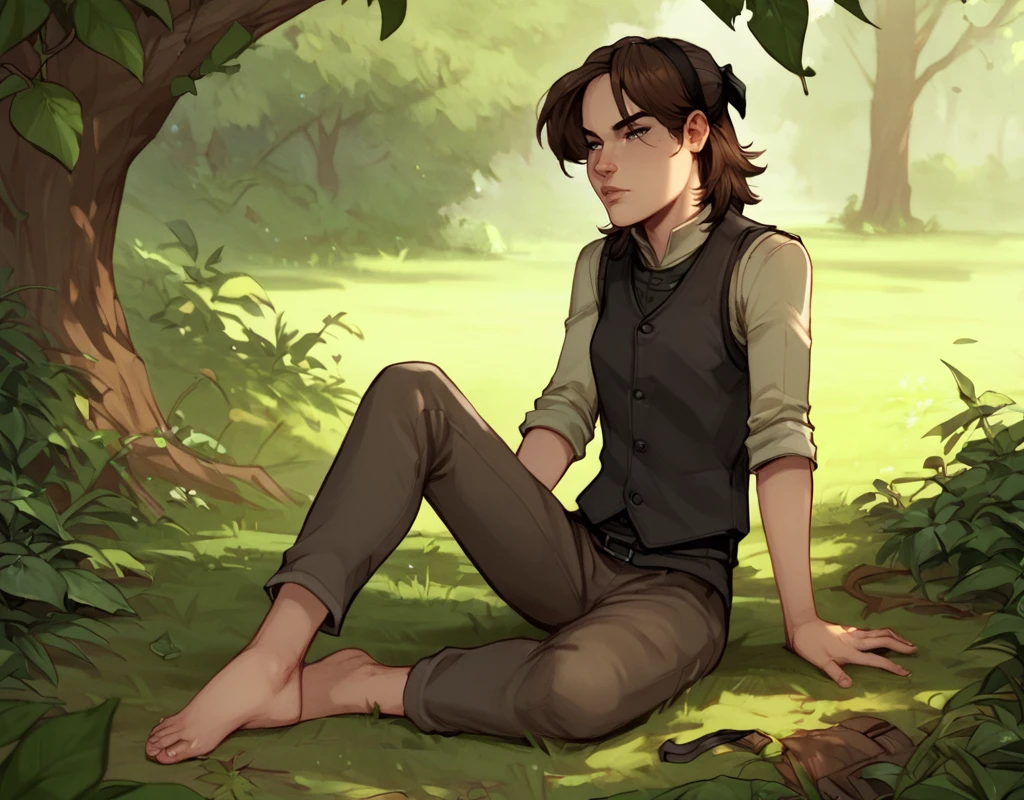 score_9, score_8_up, score_7_up, score_6_up, Arya-Stark, GoT-GraphicNovel, 1girl, tomboy, solo, shirt, brown hair, gray eyes, outdoors, pants, vest, leaf, barefoot, grassland, black clothes, sensitive, wolfbane, <lora:Arya_Stark_Graphic_Novel_Edition:1>