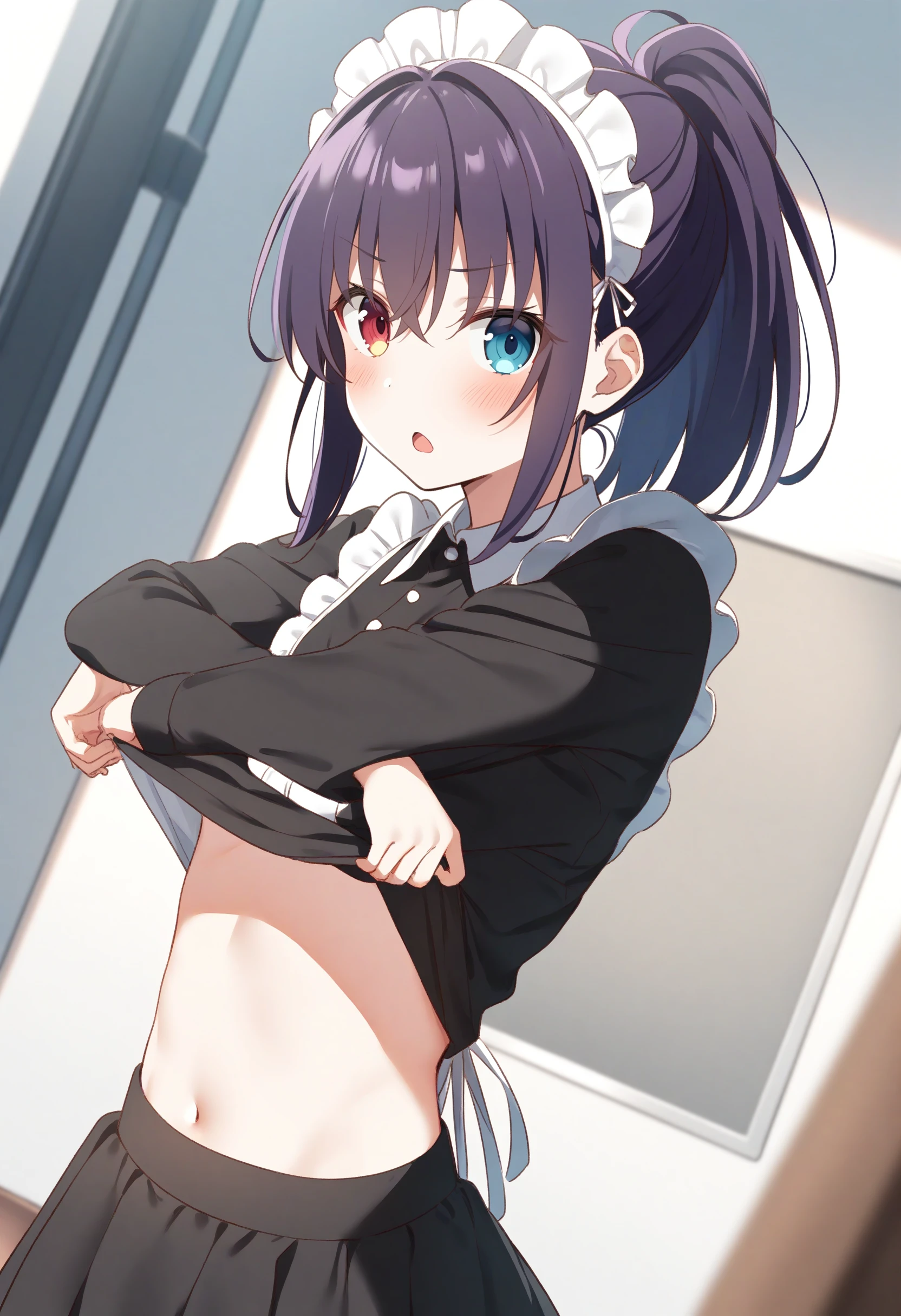 1girl,sincos, ningen mame, toosaka asagi,solo,medium breasts,20yo,maid,maid headdress,
skirt, navel, blush, undressing, shirt lift, clothes lift, lifted by self, crossed arms,
dutch angle, portrait, looking back, purple hair, heterochromia,confused, sales office, open mouth, ponytail hair,,
best quality, very aesthetic, absurdres <lora:undressing_XL_v1:0.8>