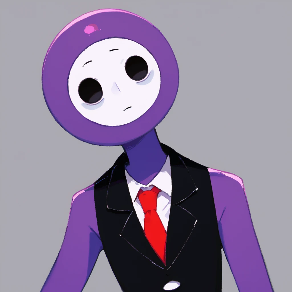 score_9, solo 
 <lora:cosmodance:1> cosmdance, red necktie, suit, round head, purple skin, white face, solid circle eyes, black vest, white undershirt, sleeveless, black eyes